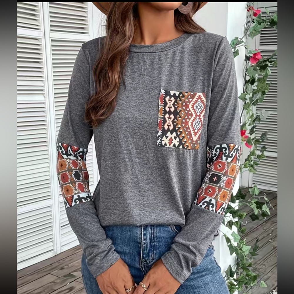 Aztec Print Elbow Patch Long Sleeve Shirt - Picture 3 of 6